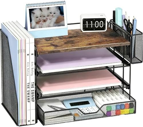 OPNICE Desk Organizers and Accessories, 4-Tier Desktop File Organizer with Drawer and Pen Holders, Office Desk Accessories Workspace Organizers for Office Supplies (Brown) by OPNICE