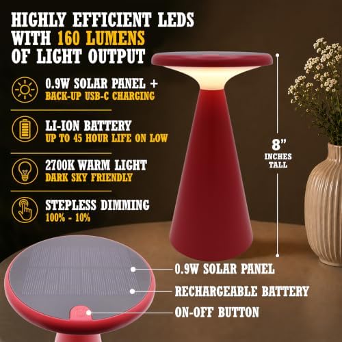 Solar Mushroom Lamp, Stepless Dimming, 45h Runtime, Red - Image 3