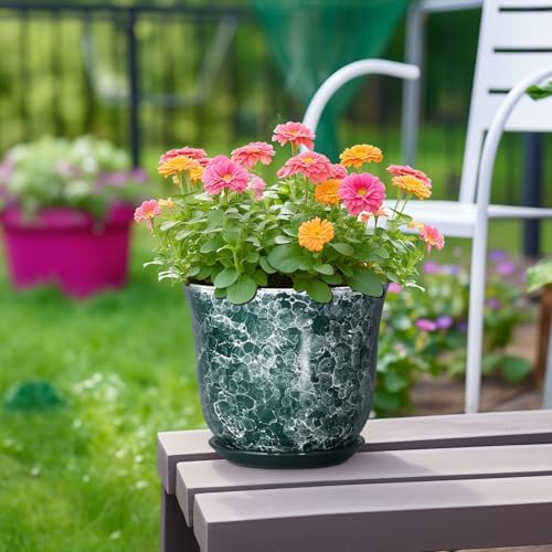 8 Inch Plant Pot - Ceramic Planter with Drainage Hole and Saucer, Round Planter for Indoor Outdoor, Modern Planters, Decorative Flower Pots, Office Room Home Decor, Plant Lover Gifts, Green - Image 4