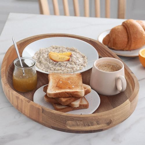 Acacia Wood Serving Tray with Handles - 17"x13" Round, Decorative Ottoman Tray for Living Room, Coffee Table, Breakfast in Bed, Candle Display - Image 4
