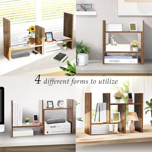BROWN-BROWN Adjustable Wood Desk Shelf Organizer Office Home Multipurpose Desktop Shelf, Display Shelf Rack Top Mini Bookcase, Free Style Display Desktop Organization - Image 6