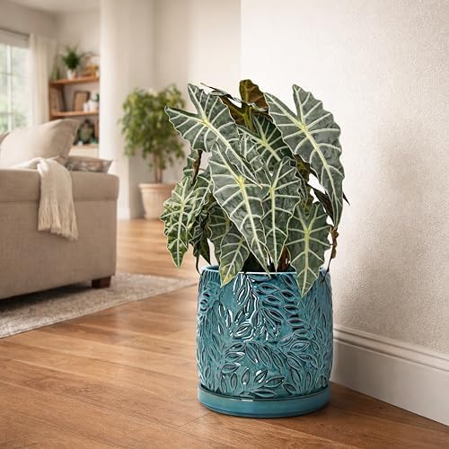 D'vine Dev Embossed Leaves Ceramic Planter, 10 in, Ocean Teal, 27-A-P-8 - Image 2