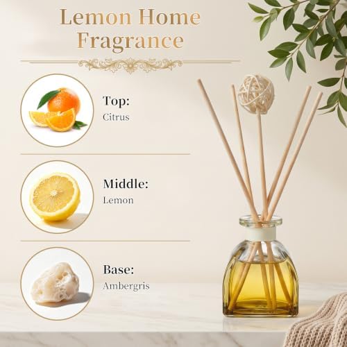 Lemon Reed Diffuser Set, 2 Pack 1.7 fl oz Glass Bottles, 5 Rattan Sticks & Rattan Ball, Plant-Based Non-Toxic Essential Oil, Zesty Long-Lasting Home Fragrance for Kitchen Bathroom - Image 5