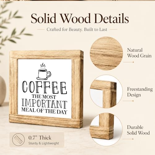 Coffee Kitchen Decor Sign, Most Important Meal Of The Day Wood Plaque, Funny Coffee Station Shelf Sitter, Rustic Breakfast Bar Counter Accent For Cafe Corner, 5.9 x 5.9 in - Image 6