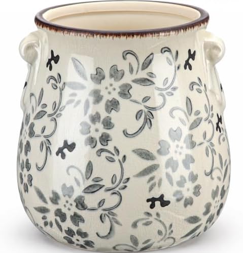 Ceramic Scroll Planter 6.5 Inch, Gray Floral by Unknown