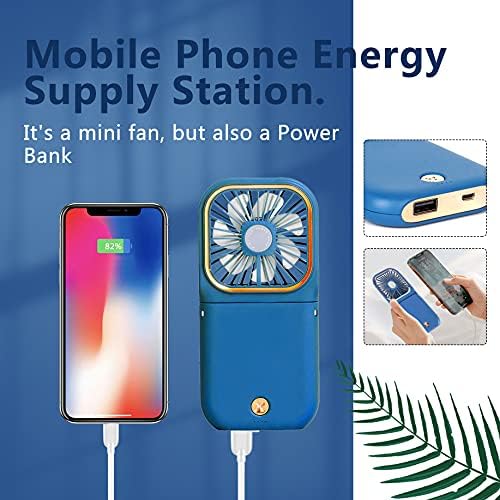 Portable Mini Fan - 5 in 1 with Power Bank, Phone Holder, Handheld & Desk Fan - USB Rechargeable, 3000mAh Power Bank, 3 Speed Adjustable, Neck Lanyard, Blue