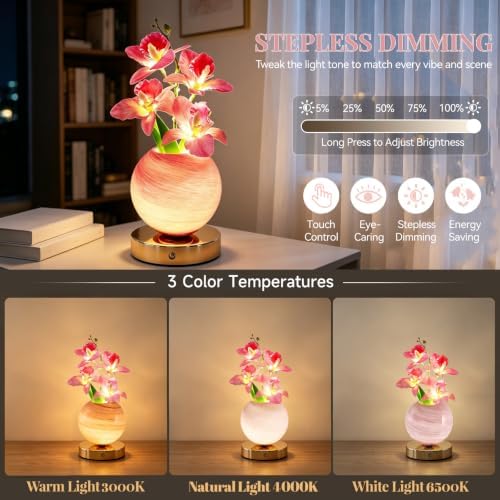 Pink Phalaenopsis Flower Lamp, Rechargeable Cordless LED Floral Table Lamp - Image 2
