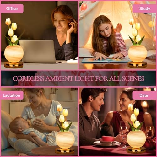 Tulip Table Lamp, Rechargeable Cordless Touch Dimming Artificial Tulip Flower Desk Lamp, LED Flower Bedside Night Light Romantic Gifts for Girl Women Mom (Pink) - Image 5