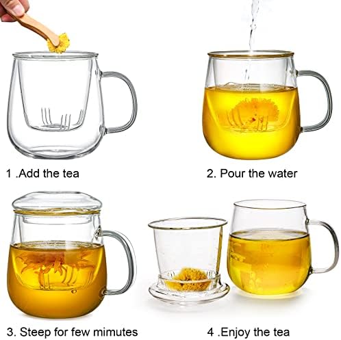 Tosnail 2 Pack 18 Ounce Large Glass Tea Cup with Lid and Tea Infuser Set, Tea Mugs with Strainer, Clear Teacups with Tea Filter, Glass Cups for Blooming Tea, Loose Tea Brewing - Image 6