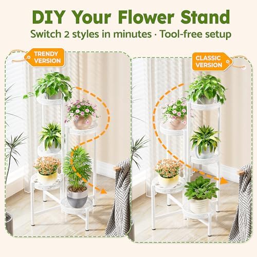 Metal Plant Stand Indoor Outdoor, 5 Tier Tall Flower Pot Holder Potted Display Rack Shelf, Heavy Duty Corner Plant Shelf for Patio Garden Balcony Living Room Bedroom - WhiteWave - Image 4