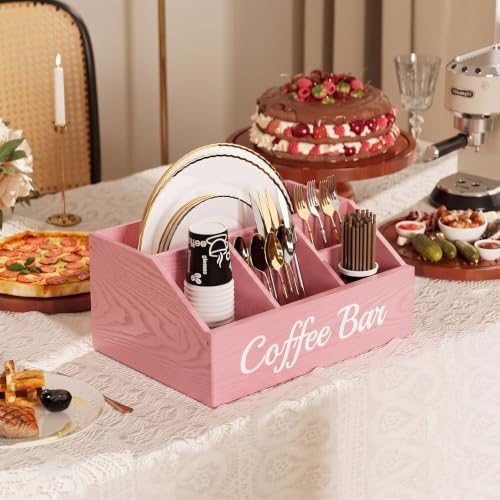 Coffee Station Organizer for Countertop – Wooden Coffee Bar Organizer with Adjustable Dividers,Holds K Cup Pod & syrup bottles, for Kitchen, Office, or Bar and Tea Station, Pink - Image 4