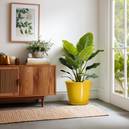 12 Inch Plant Pot - Ceramic Plant Pots with Drainage Hole and Saucer, Large Round Planter for Indoor Outdoor, Modern Flower Pot, Decorative Planters, Home Garden Decor, Garden Gifts, Yellow - Image 6