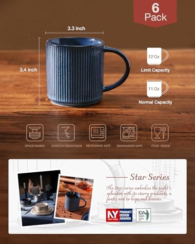 famiware Coffee Mug Set of 6, Star 12 oz Ceramic Mugs Cups Set with Handle - Image 4