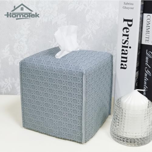 HOMOTEK 1 Pack Tissue Box Cover, Square PU Leather Tissue Holder, Decorative Facial Tissue Cube Paper Organizer Dispenser for Bathroom, Night Stands, Desk, Car 5X5X5'' - Rattan Weave, Light Gray - Image 3
