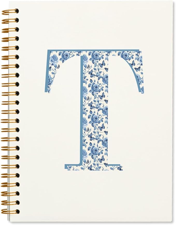 Blue Cute Initial Notebook Journal Diary Libretas Escolares T, Preppy Cute Aesthetic Personalized Notebook Gifts for Teen Girls Women Kids,Preppy Blue Aesthetic School Supplies for Girls 5.5x8.3