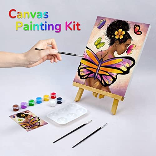 VOCHIC Painting Kit Pre Drawn Canvas for Painting for Adult Party Kits Paint and Sip Supplies 8x10 in Canvas Butterfly Girl 8 Acrylic Colors,3 Brush,1 Pallet Paint Art Set - Image 2