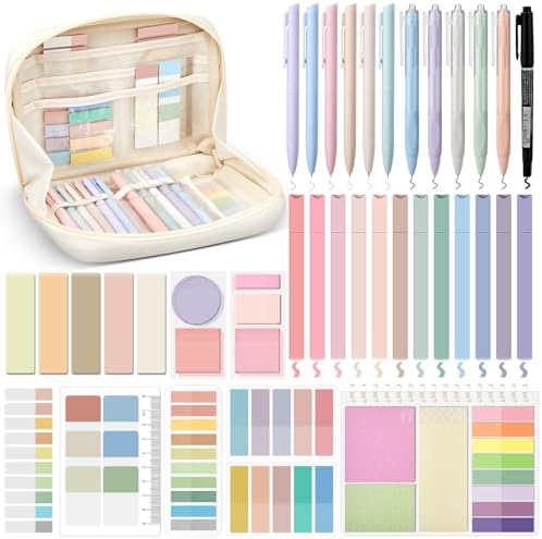 Jutom 41 Pcs Aesthetic Book Annotation Kit with Pencil Bag Bible Journaling Kit Notebook Sticky Note Tab Highlighter Black Ink Pen Page Marker School Office Supplies Bible Lover Gift(Beige) by Jutom