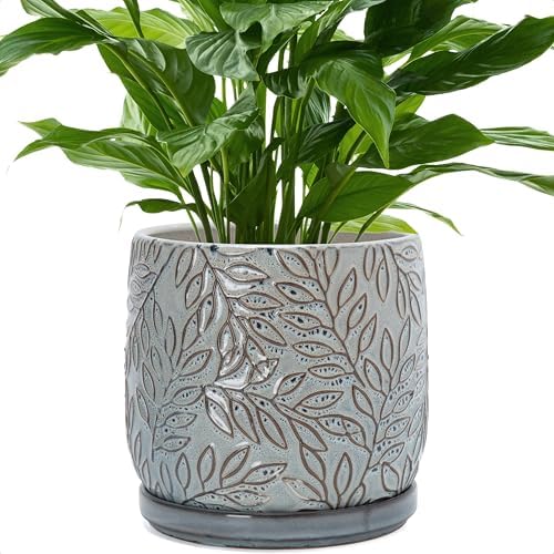 D'vine Dev Embossed Leaves Ceramic Planter, 8 in, Graphite Blue, 27-A-Q-9 by DvineDevPlanterPotsandStand