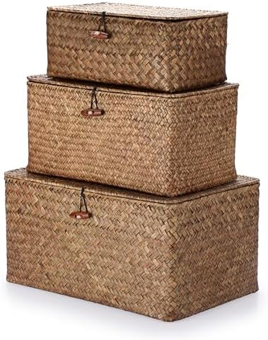 Hipiwe Set of 3 Seagrass Storage Baskets with Lid - Large Woven Wicker Bins by Hipiwe
