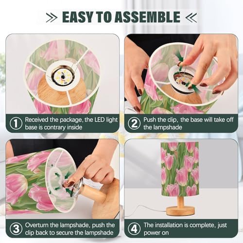 Pink Tulip Flower with Green Leaves Bedside Table Lamps with USB Port for Bedroom Lamp Accent Table Lamp Small Nightstand Lamp Sturdy Linen Shade Wooden Decorative Lamps for Kids|Reading|Dorm|Home - Image 6