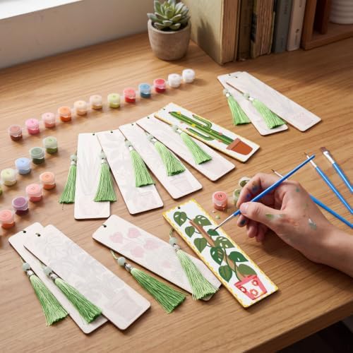 Kosiz 12 Pcs Plants Paint by Number Kit for Adult Green Wood Bookmark - Image 2