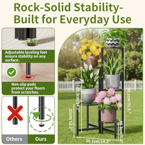 Plant Stand 5 Tier Indoor Metal Flower Shelf for Multiple Plants Corner Tall Flower Holders for Patio Garden Living Room Balcony Bedroom Black Diamond - Image 3
