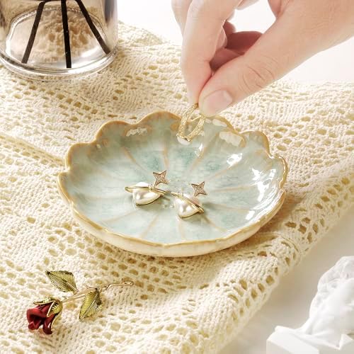 Lotus Ring Holder Dish Small Indoor Ash Tray, Ceramic Dessert Plate Trinket Jewelry Holder Organizing Necklace Earrings for Parents Friends Sister, Light Green. All Jewelries Are NOT Included. - Image 3
