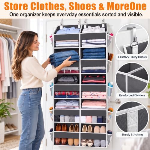 Heavy Duty Over The Door Organizer 5 Tiers, Extra Large Behind Door Storage of 10 Big Front & 10 Mesh Pockets, 80lb Weight Capacity, Hanging Doors Storage Organizer for Closet Bedroom Nursery, Grey - Image 5