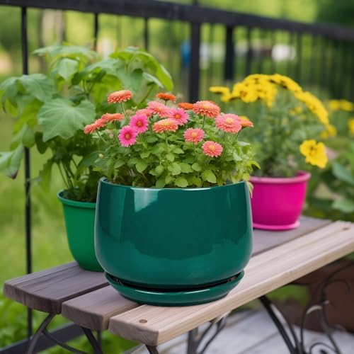 G EPGardening Ceramic Pots for Plants - 9 Inch Ceramic Planter for Indoor Plants, Round Planter with Drainage and Saucer, Modern Flower Pots for Outdoor, House Decor, Garden Gifts, Green - Image 2