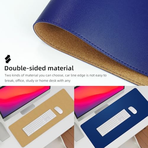 AFIING Leather Desk Pad Protector, Large Desk Mat with Natural Cork & PU Leather, Mouse Pad, Non-Slip, Waterproof Desk Writing Pad for Office and Home, Sapphire Blue - Image 2