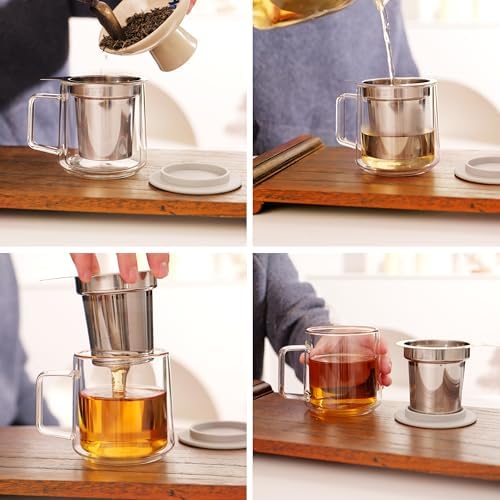 CNGLASS 12oz Double Walled Glass Tea Cup with Stainless Steel Infuser and Lid,Borosilicate Glass Tea Infuser Mug for Loose Tea,Teabag,Set of 1 - Image 5
