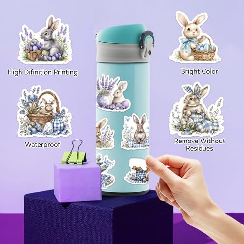 100 Pcs Easter Bunny Stickers - Watercolor Rabbit & Blue Gingham Pattern, 100 Piece Set for Easter Basket Stuffers, Party Favors, Crafts & Spring Decorations - Image 7