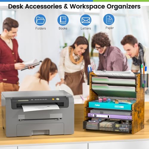 DAOUTIME 6-Tier Mesh Desk Organizer with Drawer, Wooden Office Organizer for Papers, Folders & Office Supplies - Sturdy Desktop File Holder with 2 Pen Holders - Space Saving Home Office Accessories - Image 6