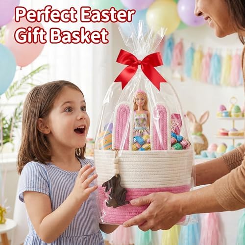 Pro Goleem Easter Basket for Kids, Adorable Woven Egg Hunt Bucket with Handle, Soft First Easter Gift Tote Bag, Nursery Toy Storage Bin with Tag(Pink) - Image 5