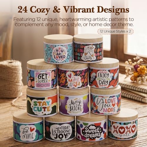 LumaCraft Thick Candle Jars for Making Candles 24 Pcs, 4 OZ Empty Jars with Wood Lids for Candle Making,Colorful Inspirational Print Candle Containers with Candle Making Supplies - Image 3