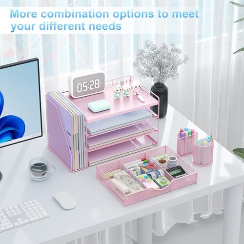 gianotter Wood Desk Organizers and Accessories with File Holder, 4-Tier Desk Accessories & Workspace Organizers with Drawer and 2 Pen Holder, Desk Reference Organizer (Pink, 4T with Metal Drawer) - Image 4