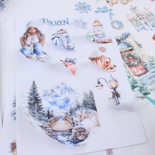 Ice and Snow Winter Scrapbook Stickers for Scrapbooking Supplies, 20 Sheets A5 Washi Paper Transparent PET Die Cut Stickers Book for Journaling, Junk Journal, Collage, Adults Crafts Arts - Image 7