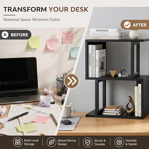 Desk Shelf Organizer, Small Desktop Bookshelf Wood, Black - Image 6