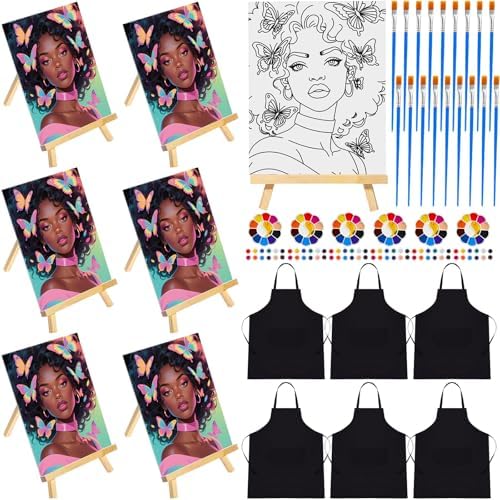 Motipuns 6 Set Pre Drawn Canvas for Painting for Adults Sip and Paint Kit with Easels 8 x 10 Inches Paint Party Kit with Printed Canvas Paints Brushes Palette Apron(Butterfly Girl) by Motipuns