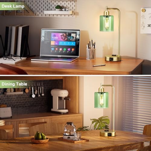 Innqoo Industrial Green Table Lamps for Bedrooms Set of 2-3-Way Dimmable Desk Lamp with USB C+A Ports and Outlet, Gold Lamps with Green Glass Shade for Living Room - Image 5