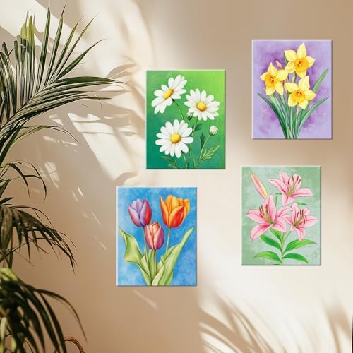 ACRNIGHEET 4PCS Pre Drawn Canvas for Painting for Adults Flower Theme Paint and Sip Kit Pre Printed Framed Canvases Set Pre Drawn Canvas Painting Set Couples Date Night Party Supplies 8 X 10 Inch - Image 4