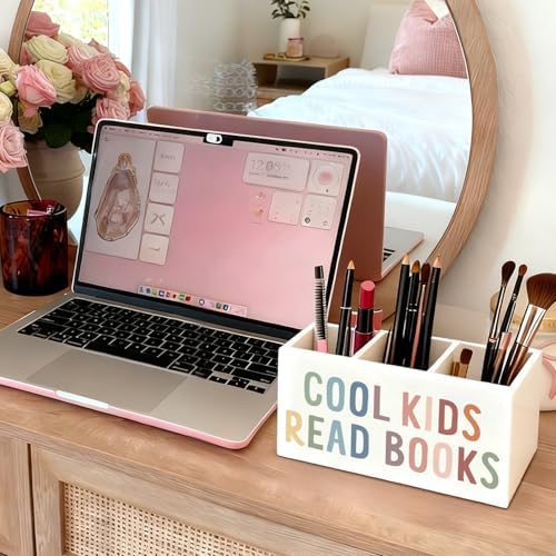 Book Lovers Gifts Pen Holder, Book Reader Gifts Pencil Holder for Desk, Boho Cool Kids Read Books Wooden Box Sign Decorations for Reading Room Corner Nook Classroom Desk Tabletop - Image 5