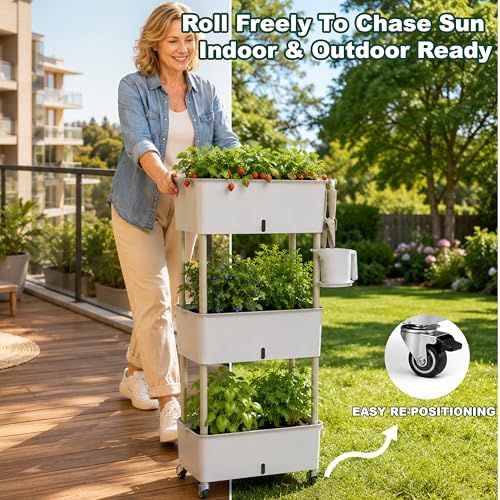 3-Tier 46.7"H Rolling Raised Garden Bed with Wheels, Self Watering Planter Box with Visible Water Level, Gray Rustproof Plastic Herb & Strawberry Planter for Indoor Outdoor Vegetables Flowers, DIY Kit - Image 3