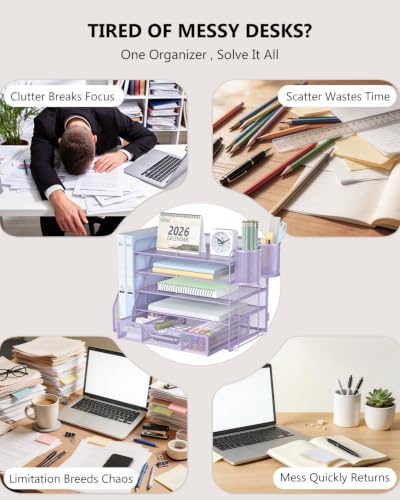 WALI Desk File Organizer, 5 Tier Desktop Paper Letter Tray Organizer with Drawer and 2 Pen Holders, Office Desk Accessories & Workspace Organizers for Office, Home Supplies(DO006DH-V), 1 Pack, Purple - Image 2