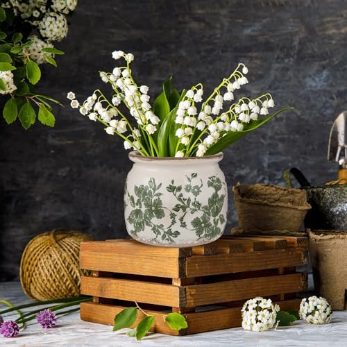 Vintage Planter Large Ceramic Plants Pot Beige Green Floral Pot - Image 6
