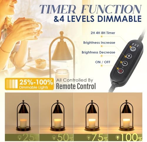 Candle Warmer Lamp with Timer, Electric Black Candle Warming Light for Bedroom, Dimmable Wax Melts Warmer for Home Decor Beside Lamp Gifts for Women (2 Bulbs Included) - Image 3