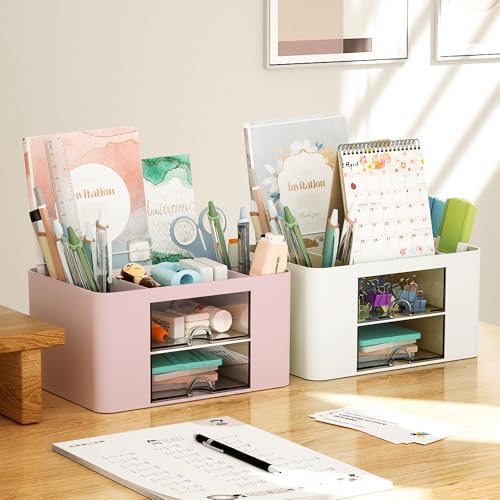 Marbrasse Pen Organizer with 2 Drawer, Multi-Functional Pencil Holder for Desk, Desk Organizers and Accessories with 5 Compartments + Drawer for Office Art Supplies (Beige) - Image 5