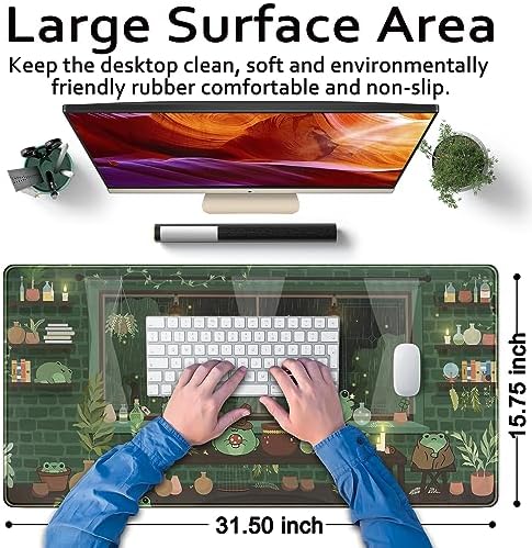 Mechanical Cattle Cute Desk Mat Kawaii Frog Mouse Pad Green Desk Anime Mat Large Gaming Mouse Pad Desk Computer Keyboard Pad Desk Home Office Accessories Girl Stitched Eges (31.5x15.7 in) WER236 - Image 6
