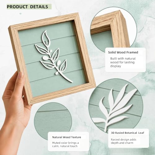 3D Sage Green Leaf Wall Art (Framed Set of 4), Botanical Boho Bathroom Art,Lightweight Ready-To-Hang Textured Artwork Wall Decor for Bedroom,Bathroom,Living Room or Office (7”X7” Sage Green) - Image 5