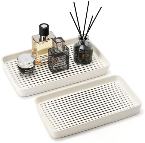 Bathroom Vanity Tray for Countertop,2PC Rectangle Striped Tray,Decorative Bathroom Organizer for Scrubber, Lotion Bottles, Perfume, Jewelry, Candle, Key Trinket Ring(Large,White) by StylishHomeDecorforYou